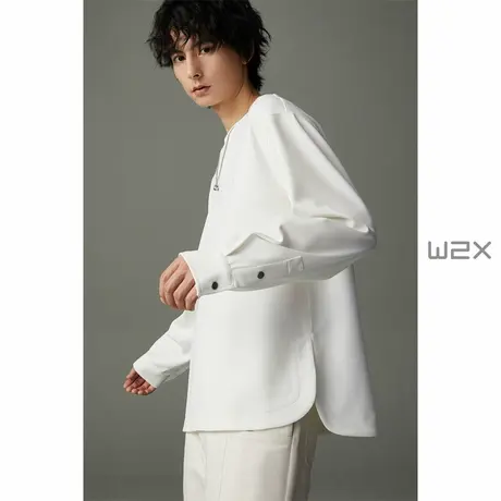 w2x男士春秋款肌理纹长袖T恤设计感百搭圆领体恤纯色痞帅打底衫潮商品大图