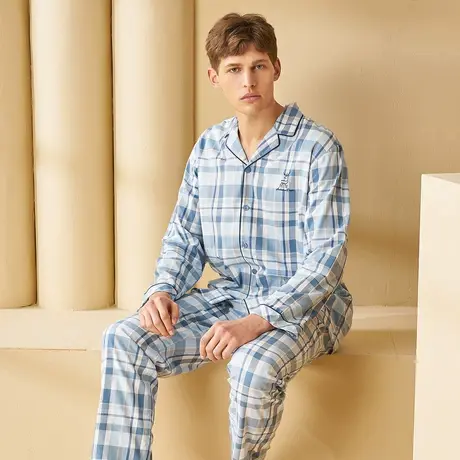 秋鹿【门店同款】长袖纯棉格子睡衣春秋薄款大码家居服男款开衫商品大图
