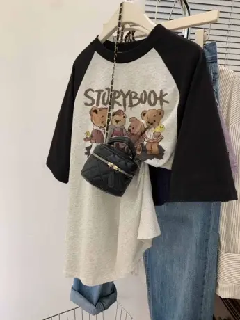 复古chic纯棉t恤女装插肩袖大码宽松ins潮短袖夏日多巴胺穿搭上衣图片