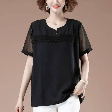 雪纺衫女夏短袖加肥加大码女装宽松中年妈妈洋气显瘦蕾丝拼接小衫商品大图