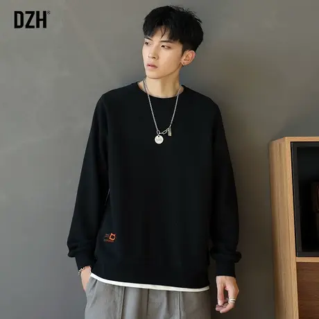 男生黑色假两件卫衣男秋季圆领宽松潮牌长袖上衣男装2023新款衣服商品大图