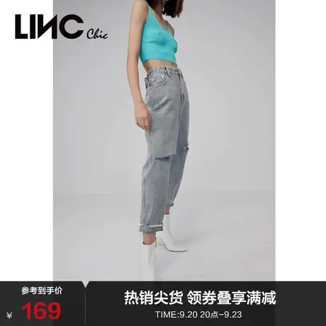 LINCCHIC金羽杰裤子女复古高腰经典破洞八分裤牛仔裤女2032106商品大图