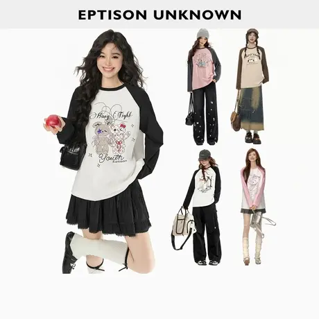 EPTISON插肩袖T恤女2025秋新款纯棉宽松萌趣动物印花休闲圆领上衣商品大图