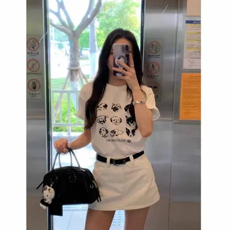 夏季韩式创意复古卡通狗狗印花短袖t恤女白色纯棉落肩显瘦上衣ins商品大图