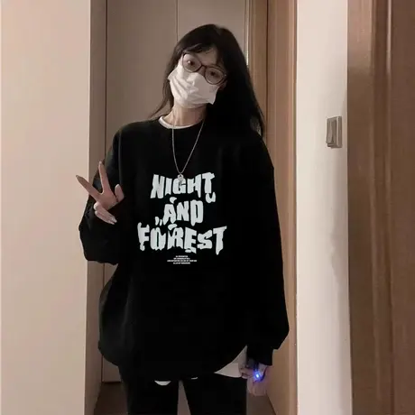 高级感超好看圆领卫衣女早秋薄款2025新款黑色正肩流行长袖女上衣商品大图