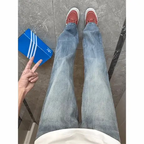 复古蓝闪电纹水洗牛仔裤男款美式高街vibe裤子修身显瘦直筒微喇裤图片