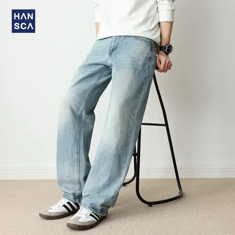 hansca复古直筒阔腿水洗浅色牛仔裤2025新款男潮牌高端痞帅长裤子商品大图