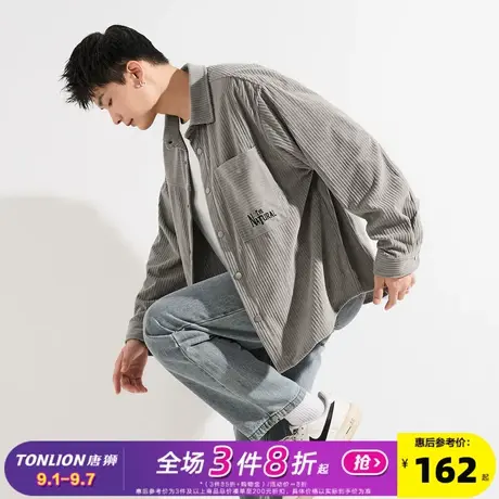 唐狮2024秋季新款男翻领前胸单口袋文字绣花拼接休闲灯芯绒衬衫潮商品大图
