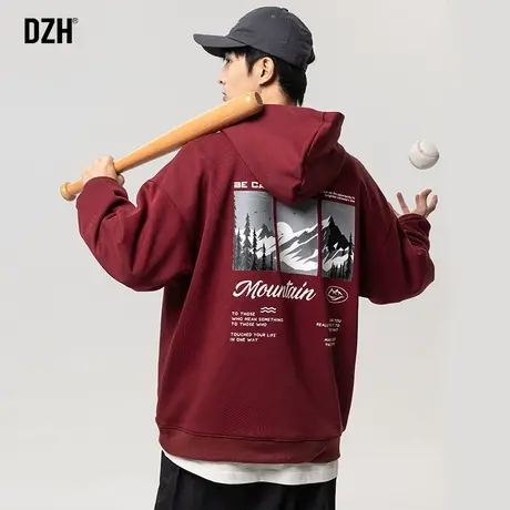 男士酒红色运动卫衣男春秋季连帽休闲宽松上衣美式外套男装情侣装商品大图