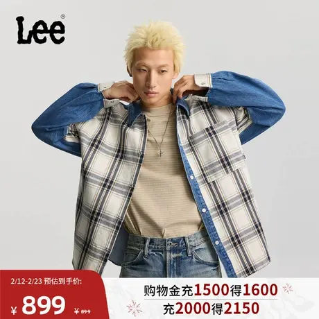 Lee商场同款26春夏新品舒适版翻领牛仔布拼接格纹设计男长袖衬衫图片