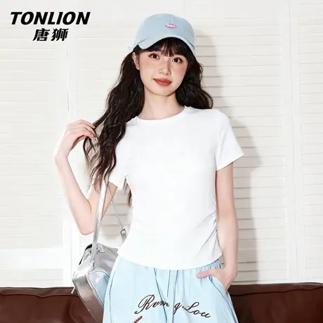 唐狮官方正肩修身短袖t恤女2026新款夏季女士收腰抽褶短款上衣VB商品大图