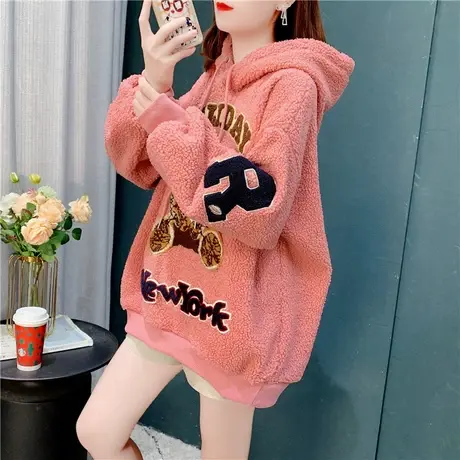 设计感羊羔毛卫衣女加绒加厚2021年新款宽松洋气减龄卡通上衣外套商品大图