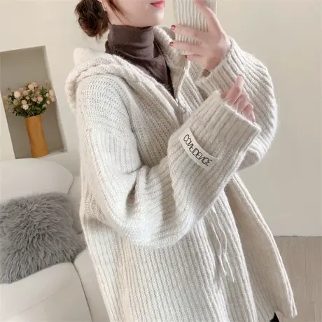 中长款加厚连帽粗线毛衣女秋冬2023年新款宽松慵懒风百搭上衣外套商品大图