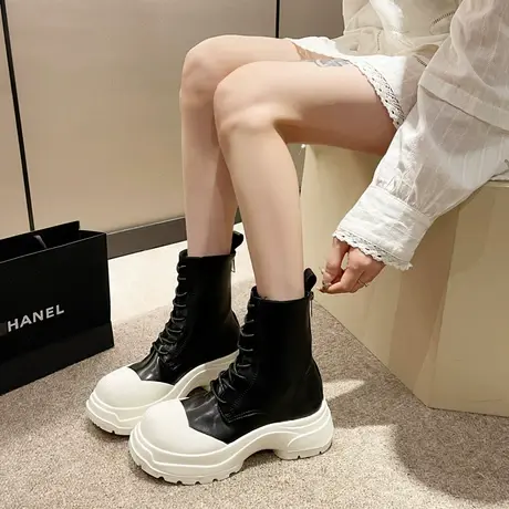 韩版厚底休闲系带马丁靴女新款2023秋冬百搭单靴网红增高显瘦短靴商品大图