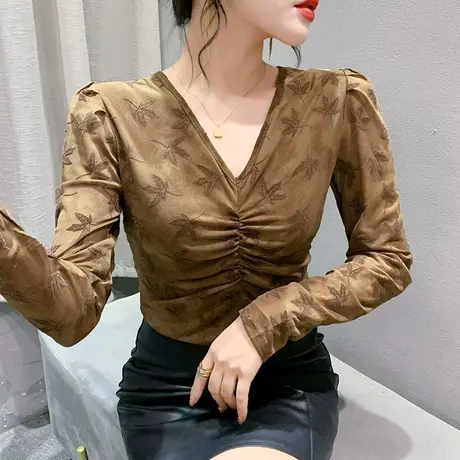 秋冬2023新款V领T恤女长袖性感褶皱泡泡袖上衣洋气修身气质打底衫图片