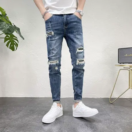 秋季牛仔裤男潮牌韩版修身猫须小脚裤破洞贴布潮流男士微弹铅笔裤商品大图