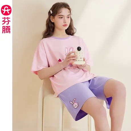芬腾粉黛兔睡衣女夏纯棉短袖薄款卡通可爱大码休闲全棉家居服套装图片