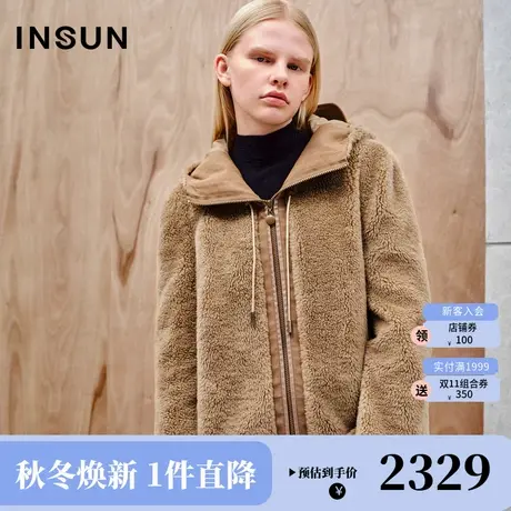 恩裳2023年冬装新款简约宽松连帽美拉德休闲减龄拼接工艺毛毛外套商品大图