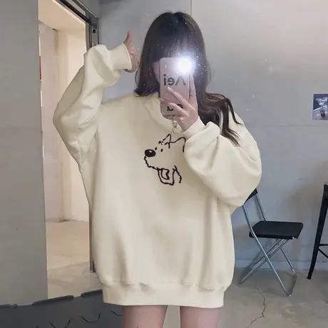 加绒加厚秋冬装韩版宽松圆领卫衣女2023年新款百搭慵懒风上衣外套图片