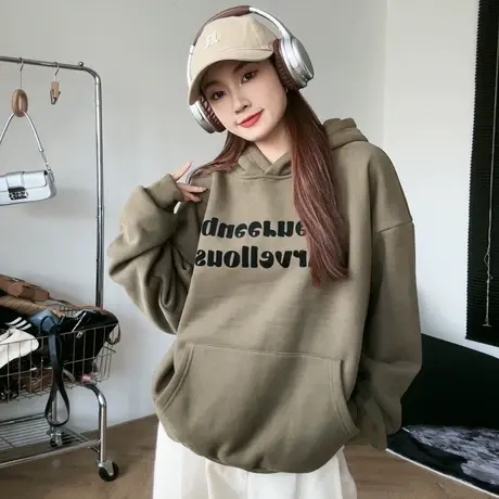 尔给宽松oversize加绒加厚连帽卫衣女秋冬2023新款爆款小个子上衣图片