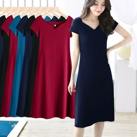 藏蓝色大码连衣裙女秋中长款气质显瘦内搭v领a字长裙纯色简约通勤图片