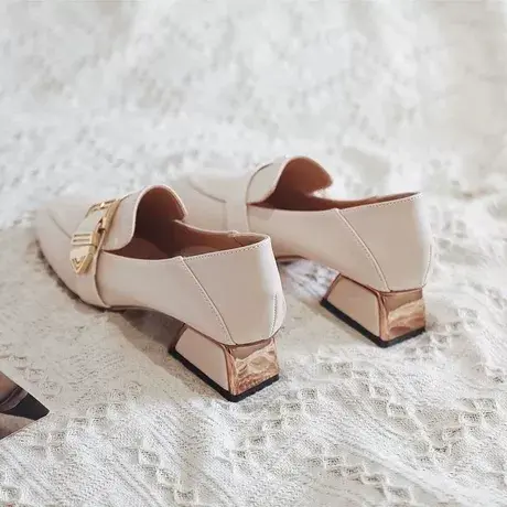 单鞋女四季款粗跟2023小皮鞋女韩版百搭真软皮方头软底轻便女鞋商品大图