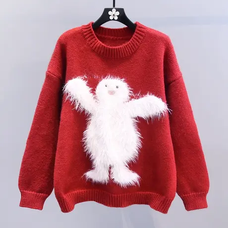 新年圣诞长毛雪怪红色毛衣女秋冬2023新款慵懒风甜美套头针织上衣图片