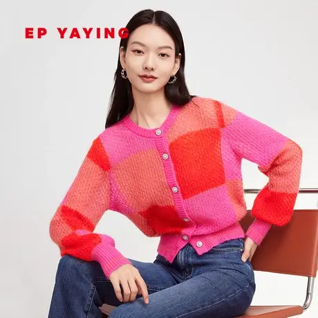 EP雅莹女装 马海毛红色小香风棋盘格针织开衫 春装商场同款9165A图片