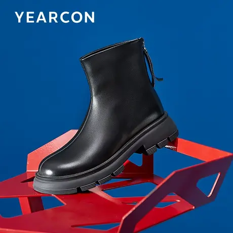 意尔康黑色真皮通勤靴子高帮英伦风ins拉链切尔西靴冬圆头工装靴图片