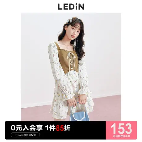 乐町俏皮拼接连衣裙休闲夏季新款早秋女系带皮质马甲收腰碎花裙子图片