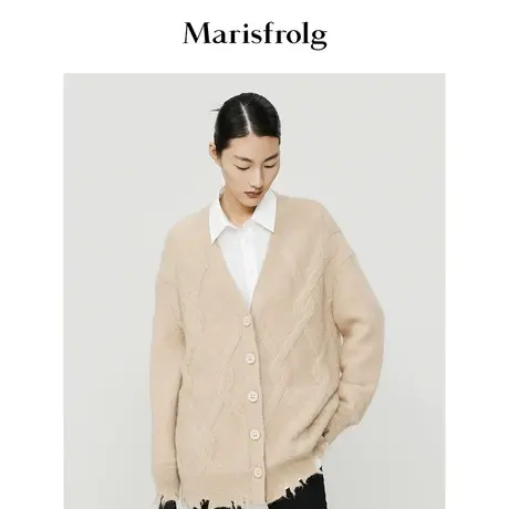 【商场同款】玛丝菲尔毛衣秋季新款卡其色马海毛立体菱格针织开衫商品大图