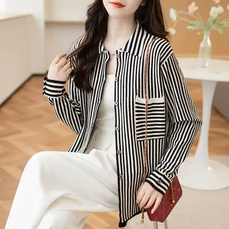 2023秋装新款韩版宽松条纹长袖针织衫开衫外套女士百搭纽扣上衣女商品大图