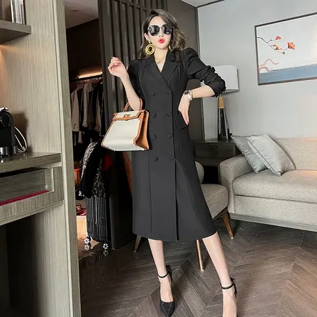 黑色长袖风衣女中长款2024年修身连衣裙高级感设计小众大衣外套冬商品大图