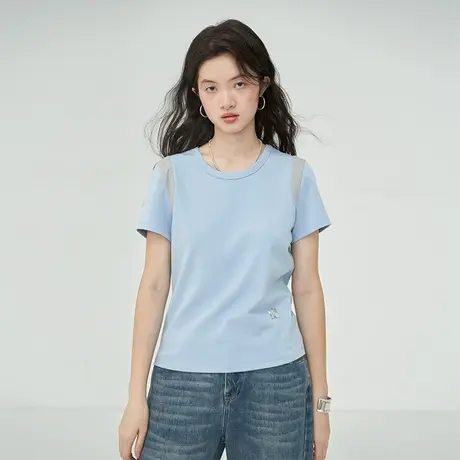 omont蛋挞家 复古撞色插肩袖T恤2023夏季新立体印花显瘦短袖上衣图片