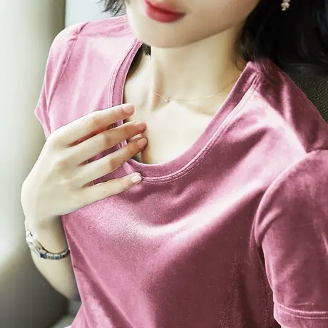雀后夏季新品金丝绒半袖t恤女短袖百搭衣服粉色大码上衣休闲绒衫图片