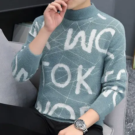 男装国潮提花针织衫秋季新款字母毛衣宽松毛线衣休闲潮流撞色上衣商品大图