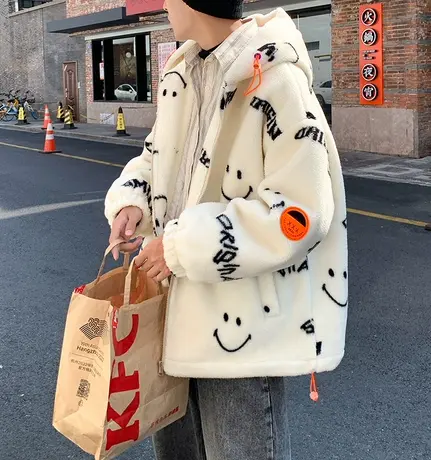 连帽羊羔绒男士夹克外套2023冬季新款潮牌笑脸保暖学生摇粒绒外套商品大图