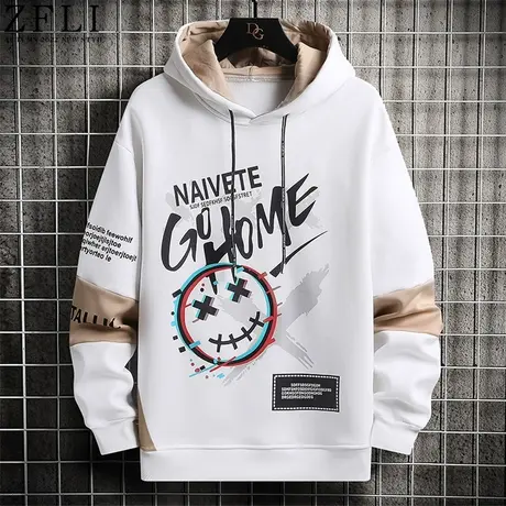 潮牌卫衣男连帽印花春秋款潮ins套头上衣服加绒外套青少年打底衫商品大图