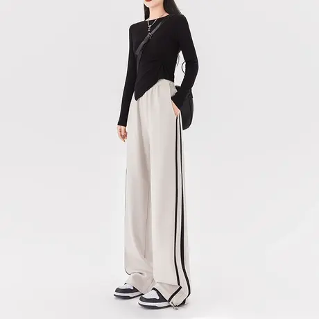真维斯阔腿裤女2023春秋新款时尚撞色条纹裤子韩版两穿休闲卫裤女图片