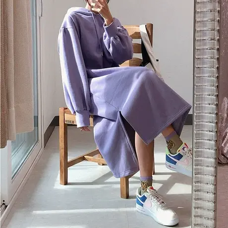 长款卫衣女春秋新款宽松大码套头连帽时尚过膝开叉时尚显瘦卫衣裙图片