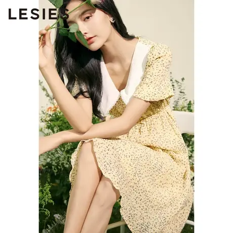 LESIES蓝色倾情春夏季女装新款碎花皱感印花雪纺织带娃娃领连衣裙图片