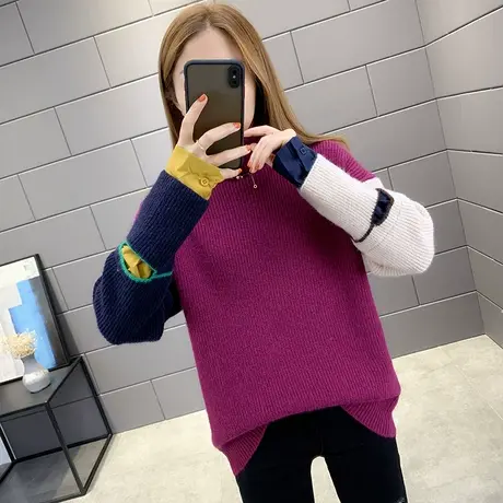 毛衣新款2021爆款女冬高领加厚拼色假两件拼接衬衣宽松外穿秋冬厚商品大图