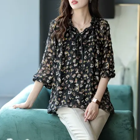 宝诗黎V领木耳边印花系带雪纺衫时尚洋气上衣女2024春季新款小衫商品大图
