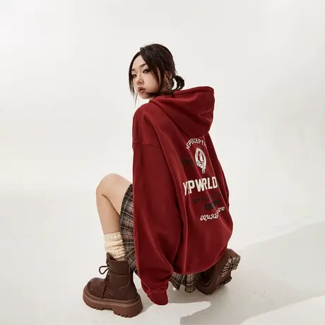YEP复古酒红色oversize连帽卫衣女2024新款春秋宽松外套上衣商品大图