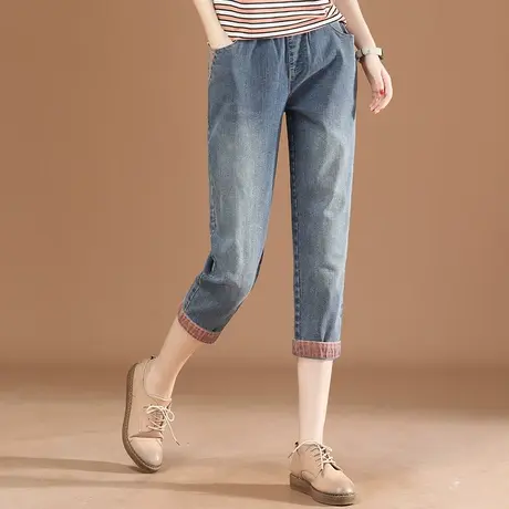 韩潮袭人高级设计感小众松紧腰休闲七分牛仔裤女士夏装薄款裤子图片