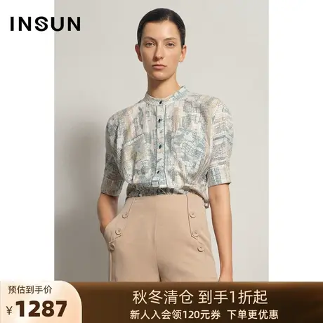 INSUN恩裳夏季复古印花修身薄款衬衫商品大图