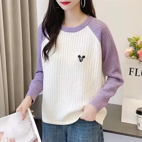 2023卡通米奇拼色套头针织衫上衣女长袖圆领打底毛衣百搭秋冬新款商品大图