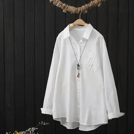 纯棉白衬衫女春季2023新款文艺简约设计感衬衣宽松休闲中长款上衣图片