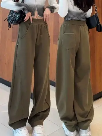 2023秋冬新款纯色加绒休闲长裤女松紧腰遮肉显瘦直筒香蕉阔腿裤子商品大图