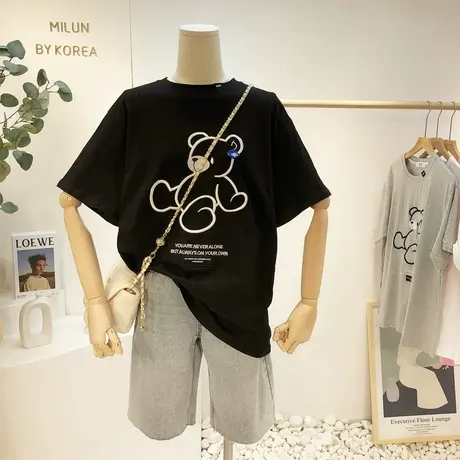 2021春夏新款韩国东大门刺绣小熊短袖字母休闲体恤衫欧货宽松内搭商品大图